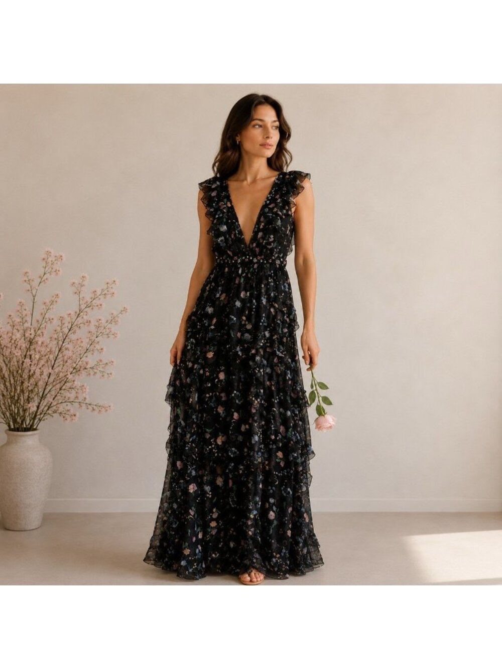 MacDuggal Ieena Black Floral Ruffle Full Length Maxi Dress size 4 S NEW NWT $598